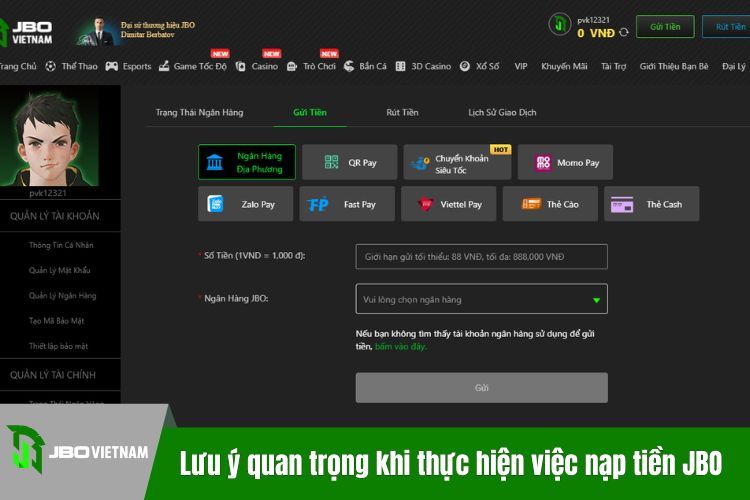 Lưu ý quan trọng khi thực hiện việc nạp tiền JBO