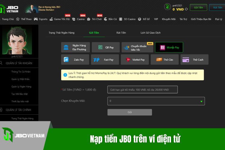 Nạp tiền JBO trên ví điện tử